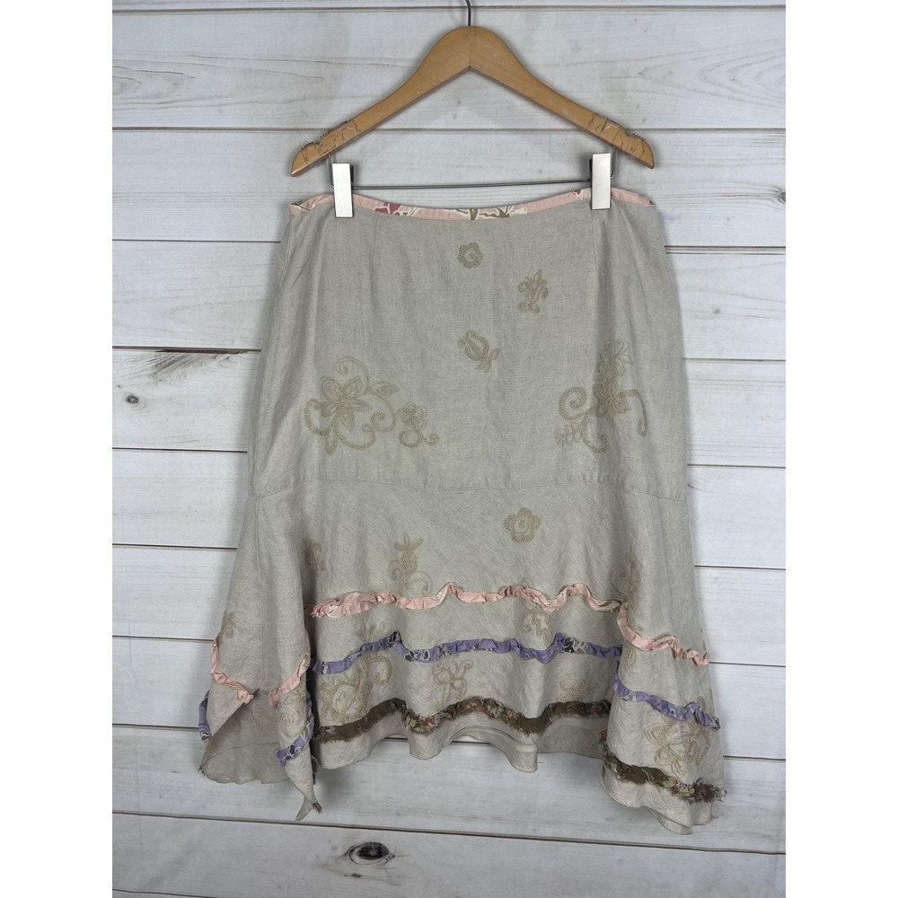 J Jill Skirt Womens 18 Beige Linen Embroidered Silk Trim Ruffle Boho Peasant